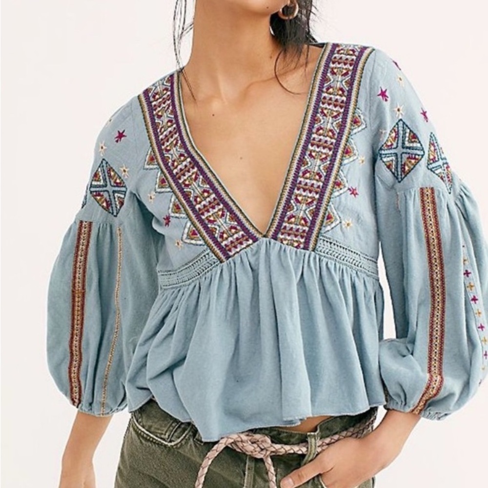 Free People - Aria Lagoon Embroidered Floral Flowy Deep V Neck Blouse Size XS